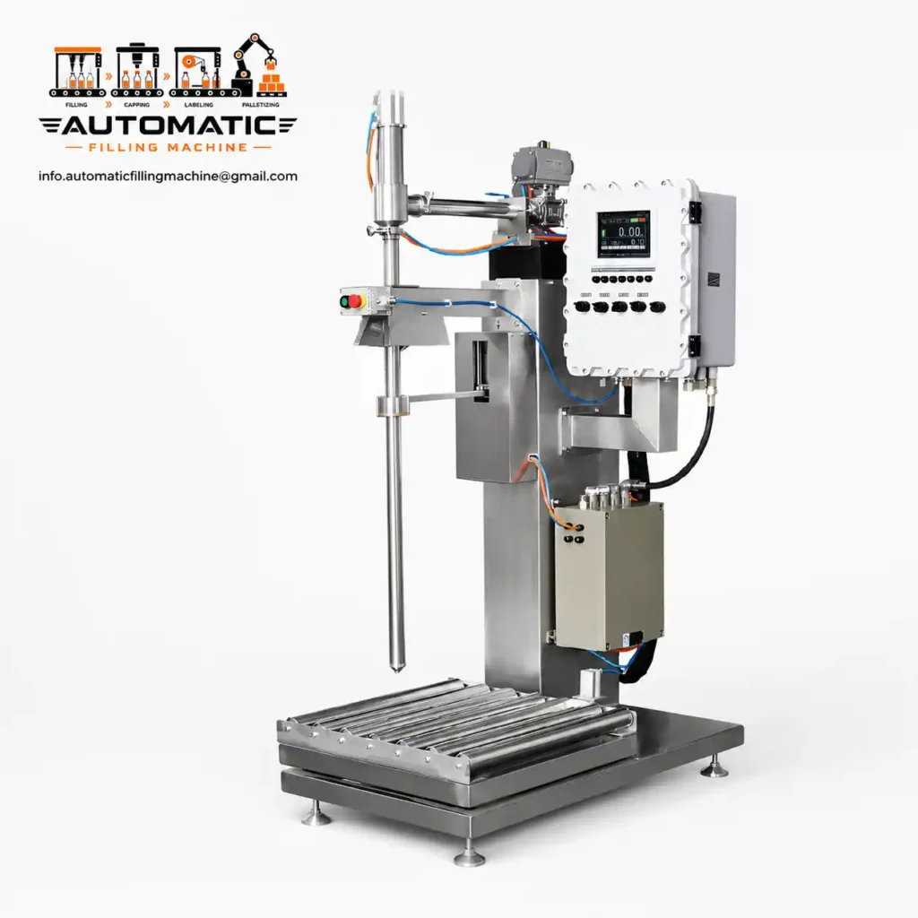 Drum filling machine with long nozzle for below-surface liquid filling