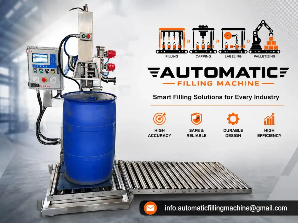 Drum filling machine with short nozzle for top filling of industrial liquids