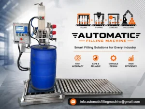 Drum filling machine with short nozzle for top filling of industrial liquids