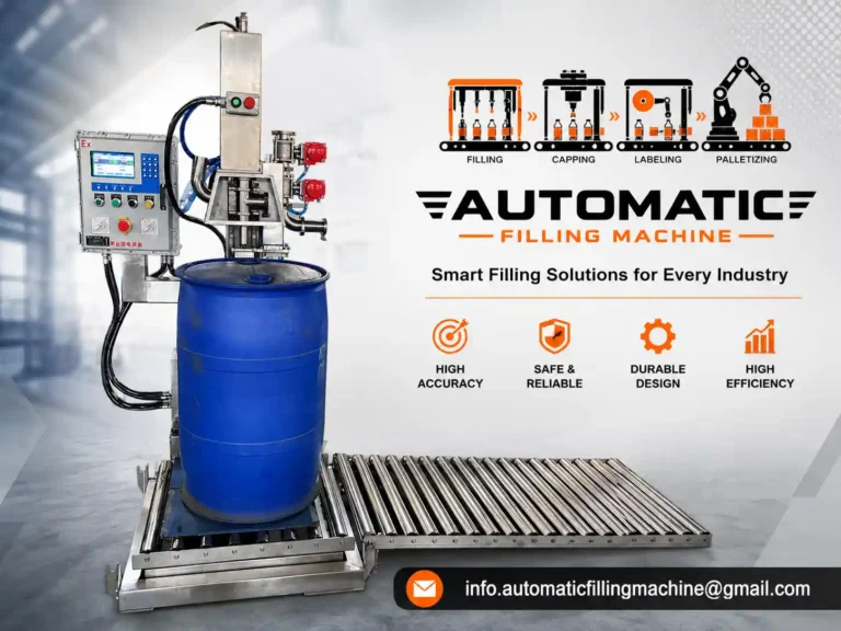 Drum filling machine with short nozzle for top filling of industrial liquids