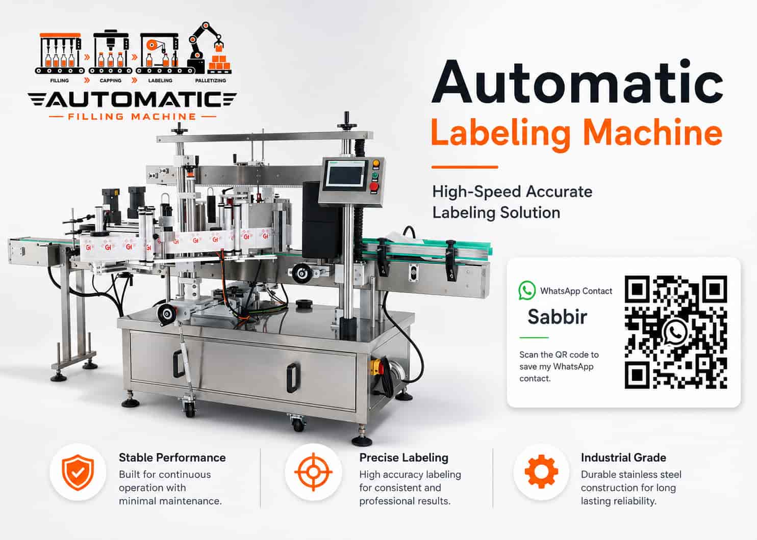 Automatic labeling machine applying labels to bottles on a conveyor