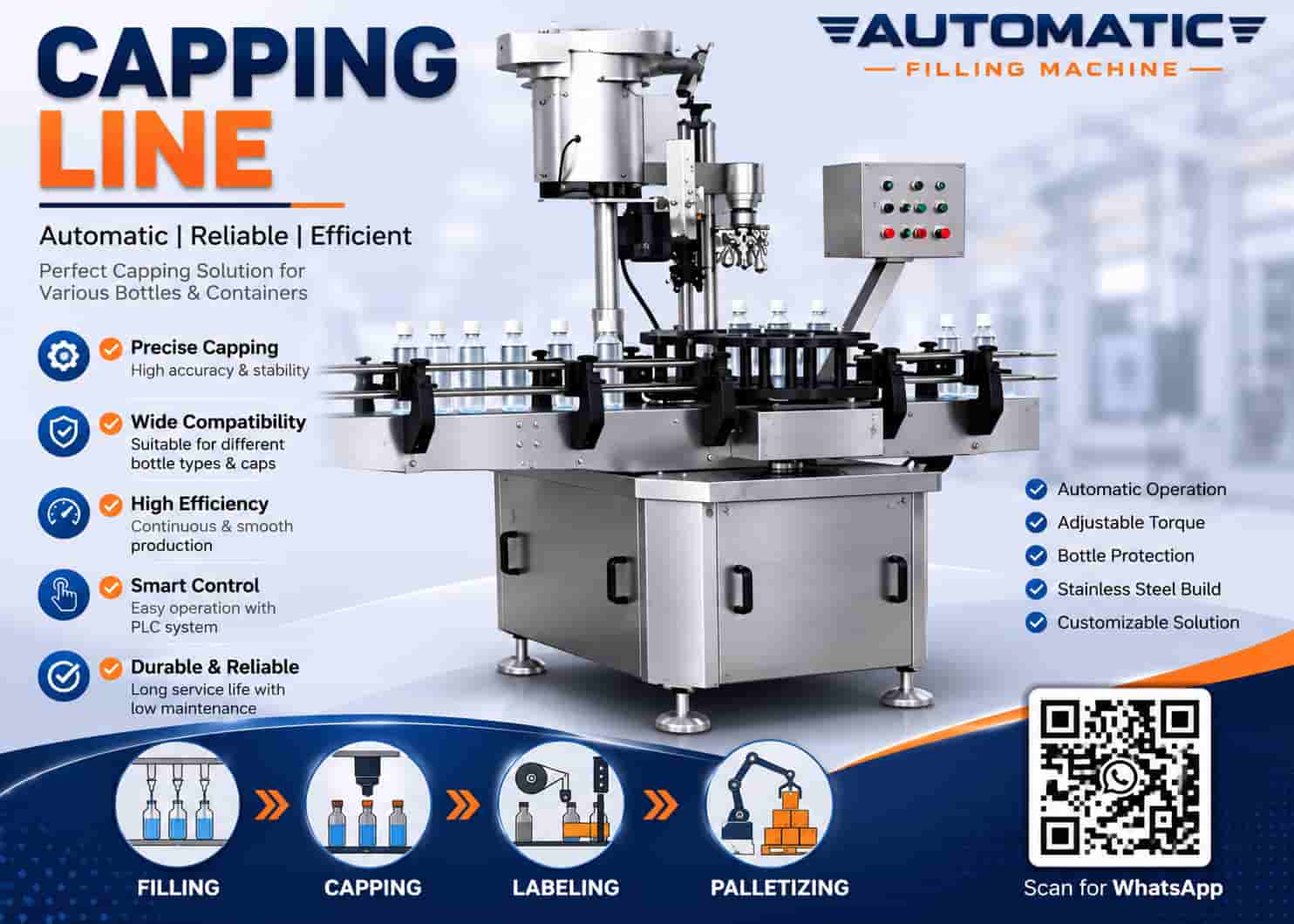 Automatic capping machine tightening caps on bottles on a conveyor