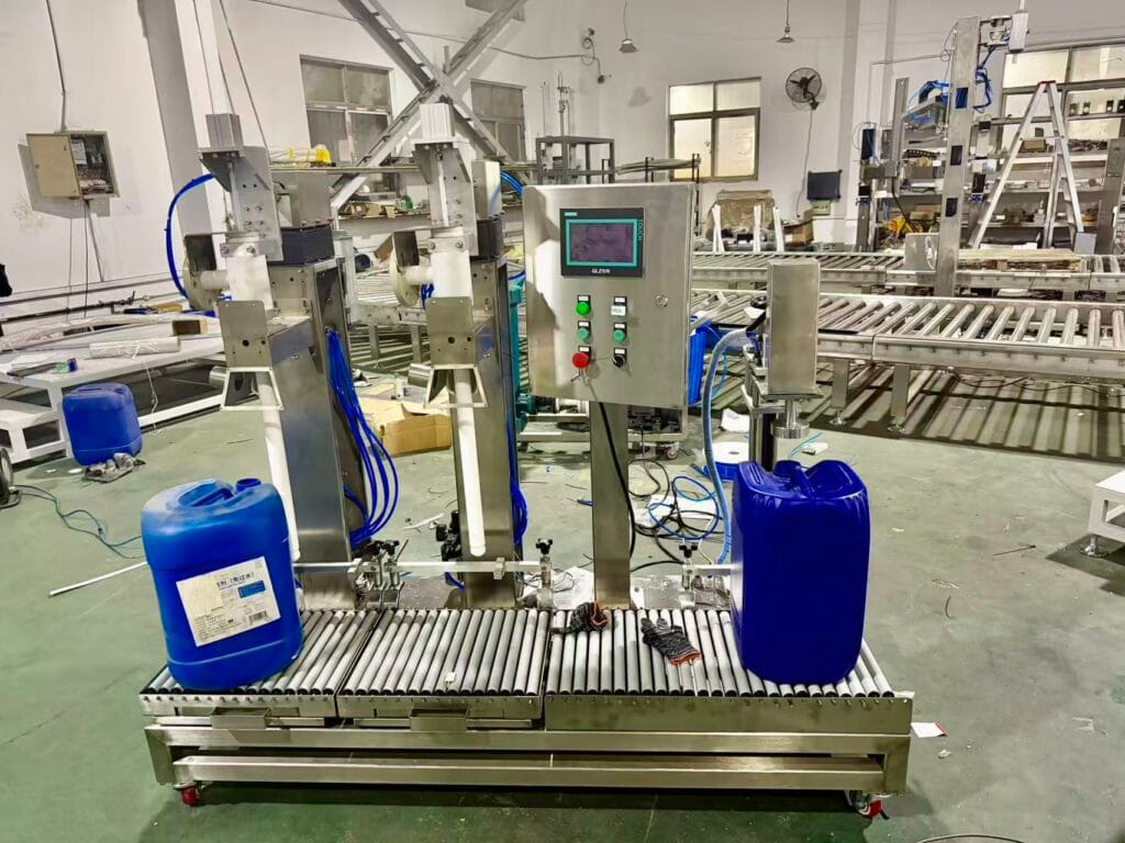 Two-head jerrycan filling machine on roller conveyor with blue containers in workshop