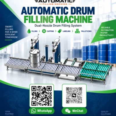 Dual-nozzle automatic drum filling machine with roller conveyors and a steel drum