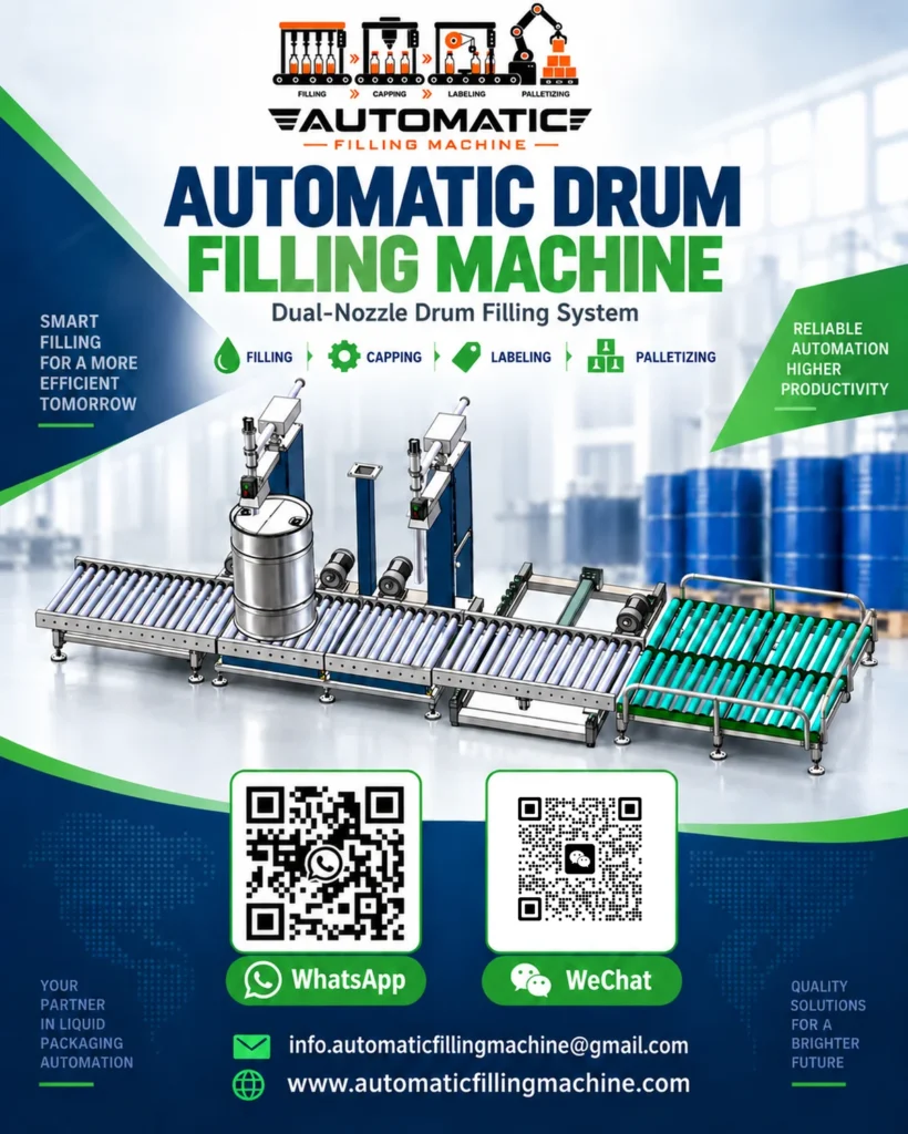 Dual-nozzle automatic drum filling machine with roller conveyors and a steel drum