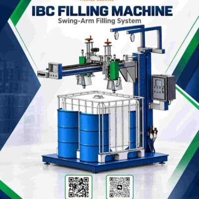Swing-arm IBC filling machine with filling heads, control panel and weighing platform