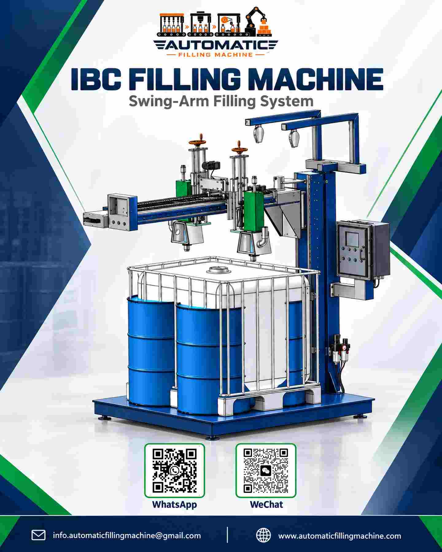 Swing-arm IBC filling machine with weighing platform