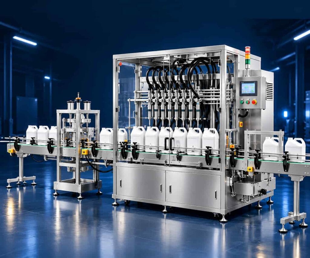 Automatic industrial filling machine with multi-nozzle filling system and conveyor
